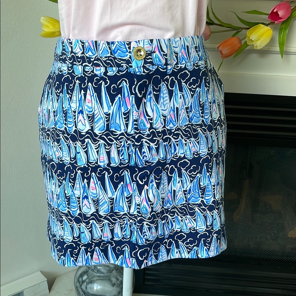 Lilly Pulitzer Navy Blue Printed Sailboat Mini Skirt
